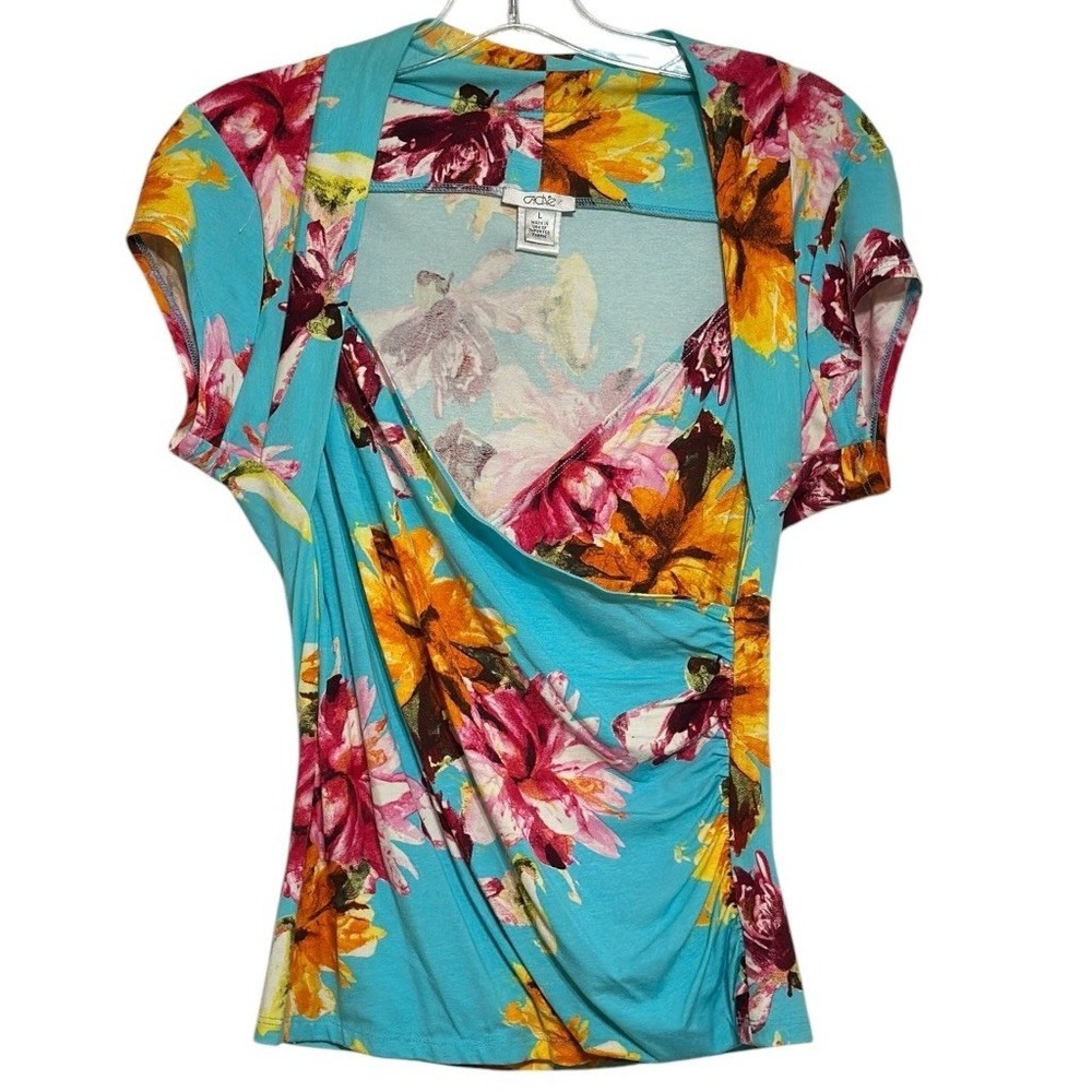 Cache Floral Surplice Top Women Turquoise Pink Ruched Cap Sleeve Tropical Y2K  L